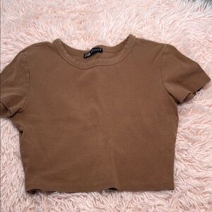 Zara Brown Fitted Crop T-Shirt Short Sleeve